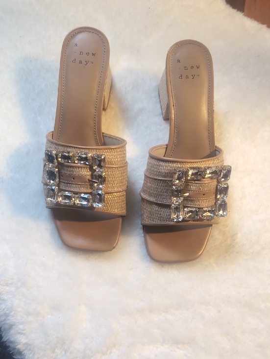 a new day Shoes - a new day Tan Jeweled Buckle Block Heel Slide Mules Size 8.5